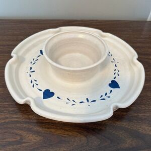 Vintage Stoneware Chip Dip Platter‎ Blue Hearts Farmhouse Cottagecore Tray 11in